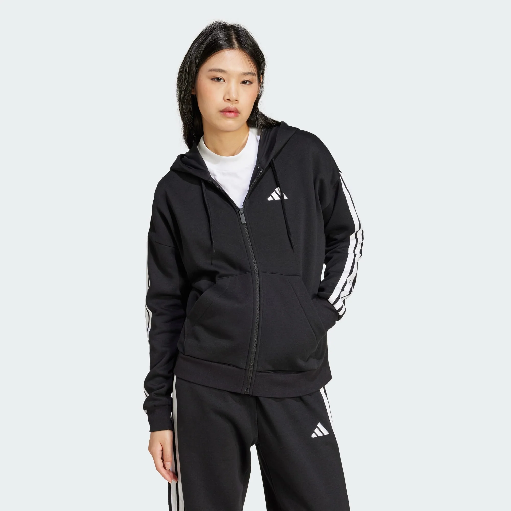 Adidas Women's 3-Stripes Fleece Full Zip Black Jacket - Image 3