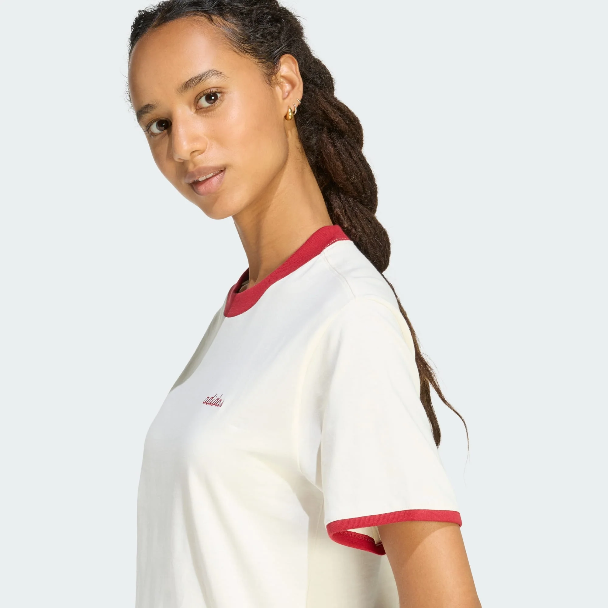Adidas Women's Colorpop Embroidered Graphic Off White/Maroon Tee - Image 6