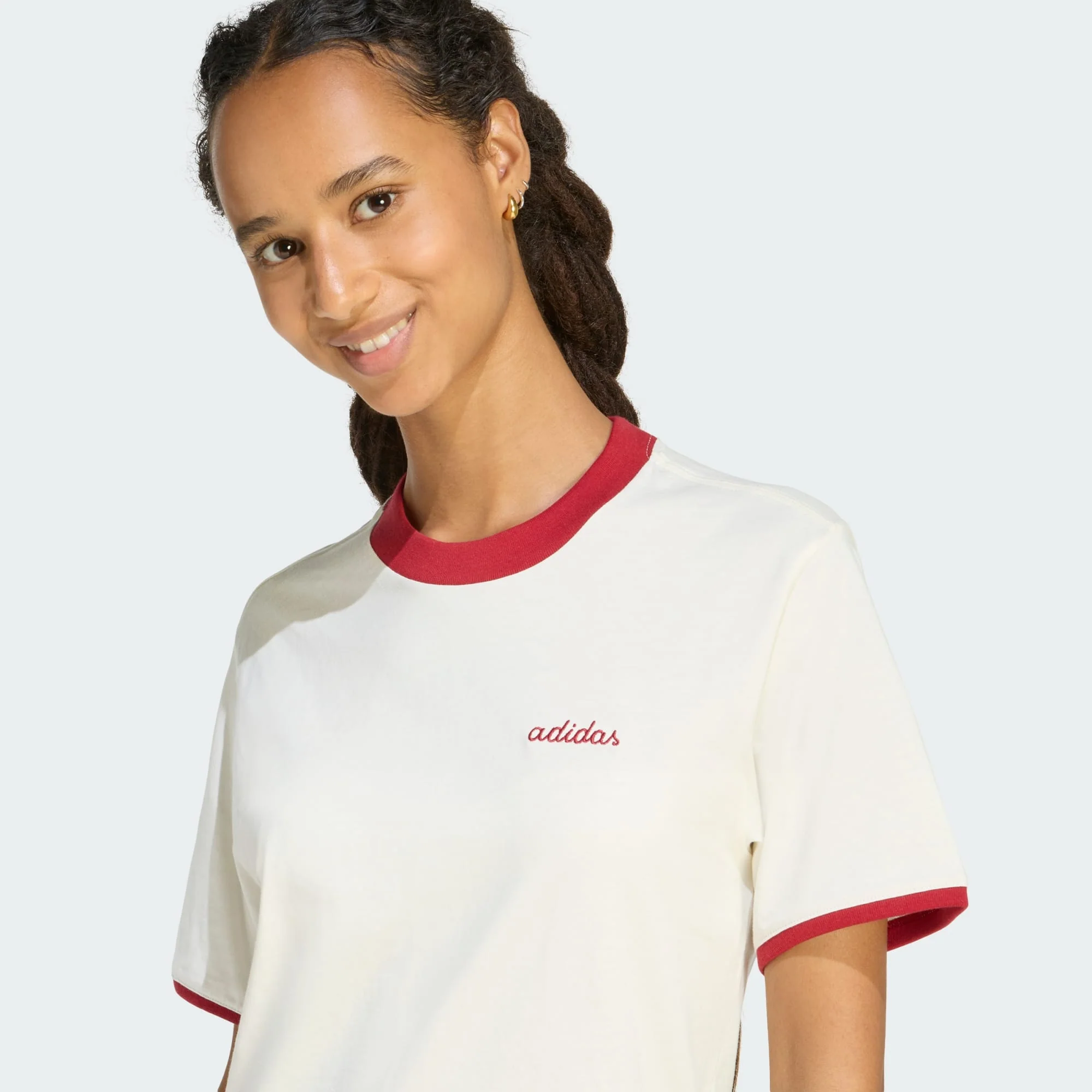 Adidas Women's Colorpop Embroidered Graphic Off White/Maroon Tee - Image 7