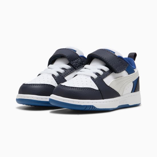 Puma Kid's Rebound V6 Hook N' Loop White/Blue/Black Sneaker Shoes - Image 3
