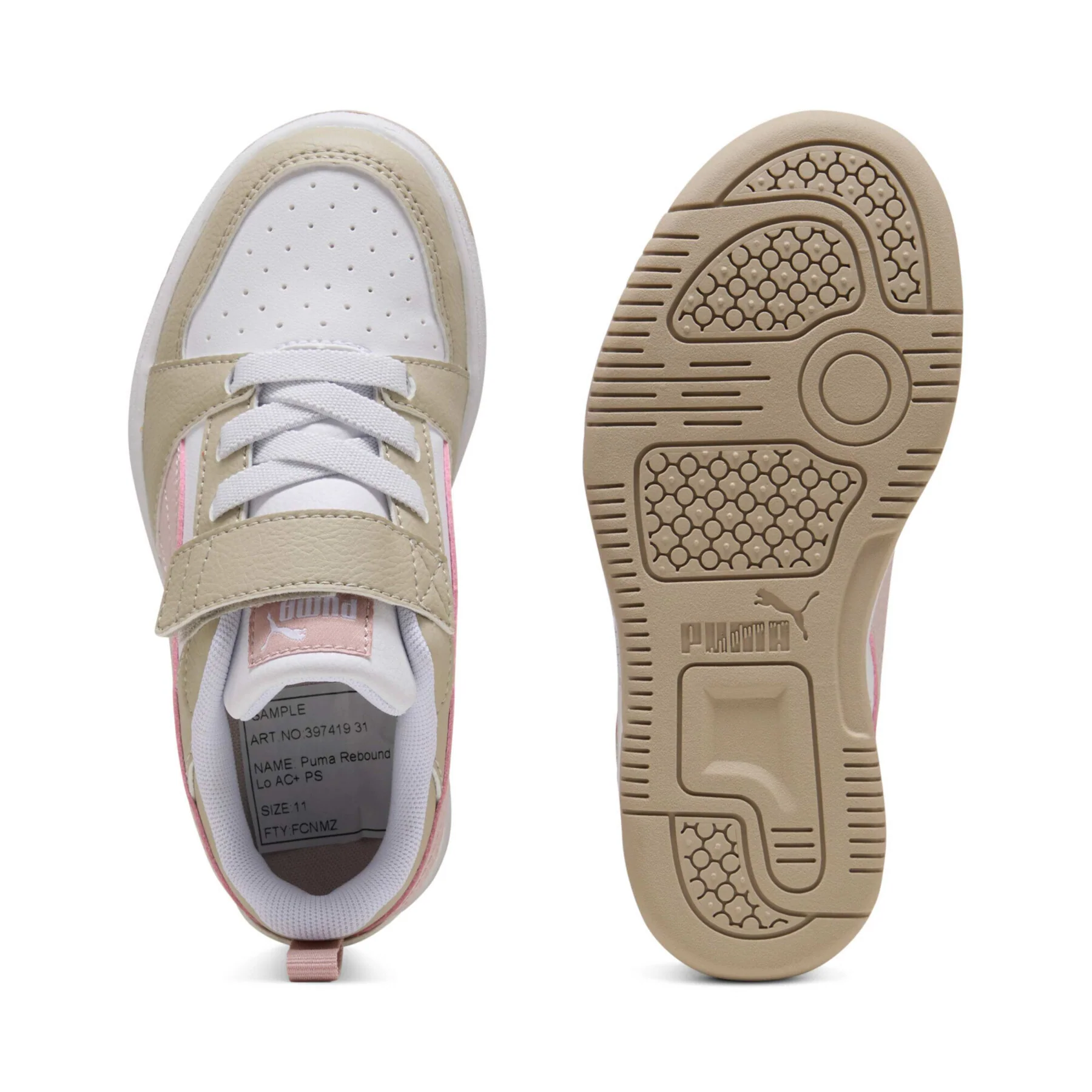 Puma Kids Rebound V6 Low Mid Hook N' Loop White/Dust/Pink Sneaker Shoes - Image 3